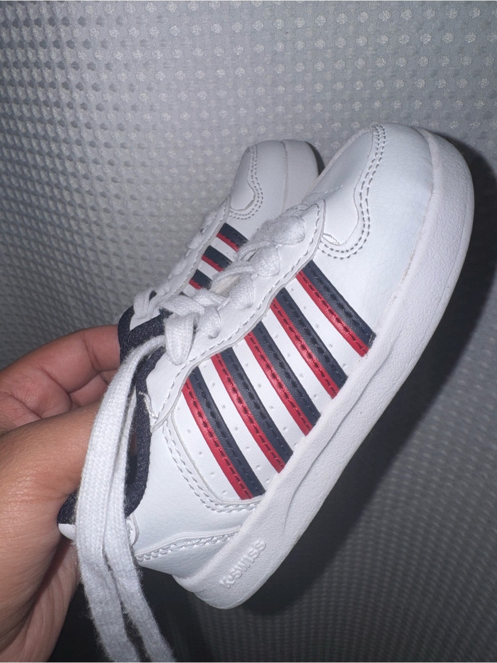 K-Swiss White Kids Sneakers with Red and Black Stripe Accents